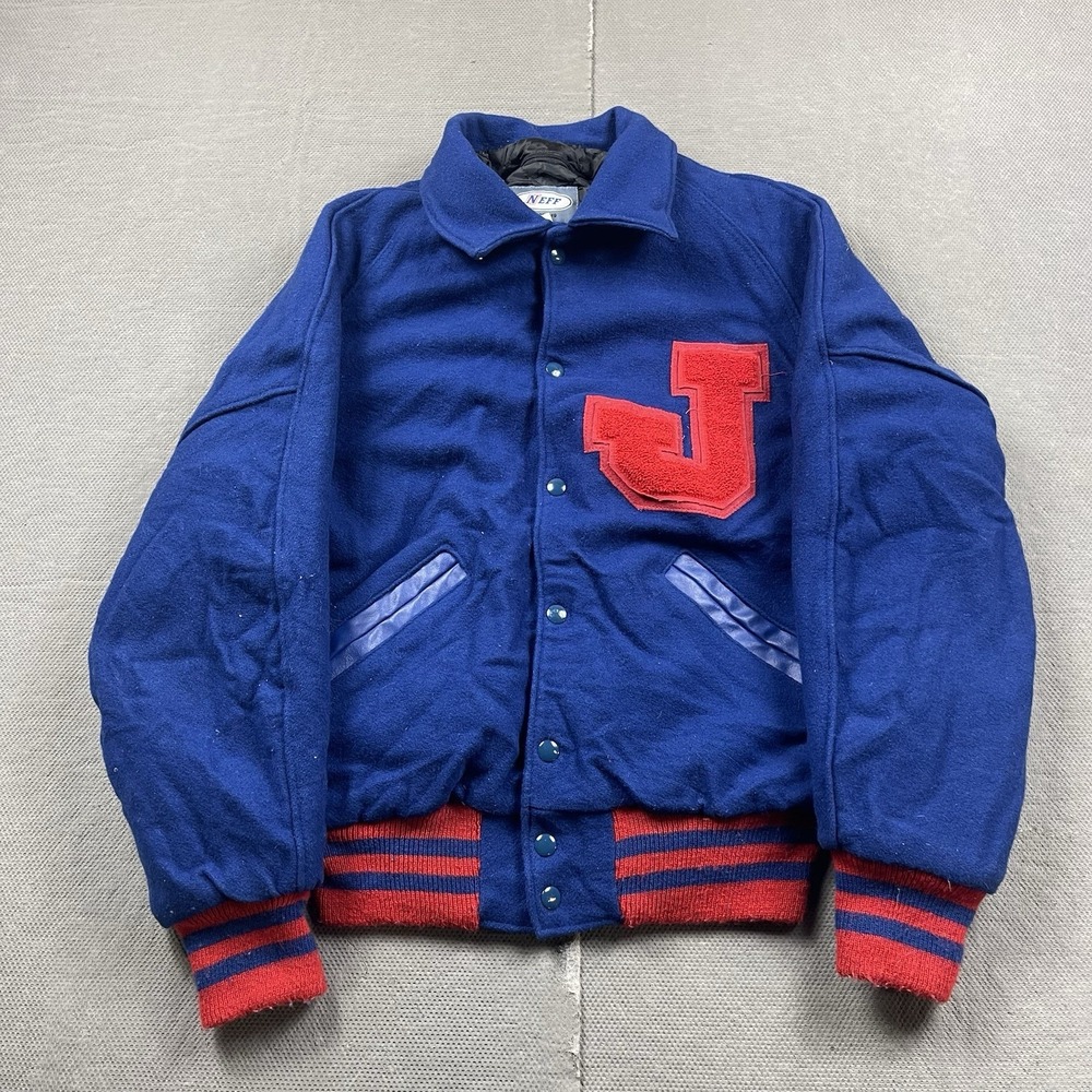 Vintage Neff Varsity‎ Jacket Mens Medium Bomber Letterman Blue Wool Snap Lined